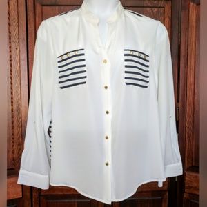 Anne Klein long sleeve white with Navy stripes top